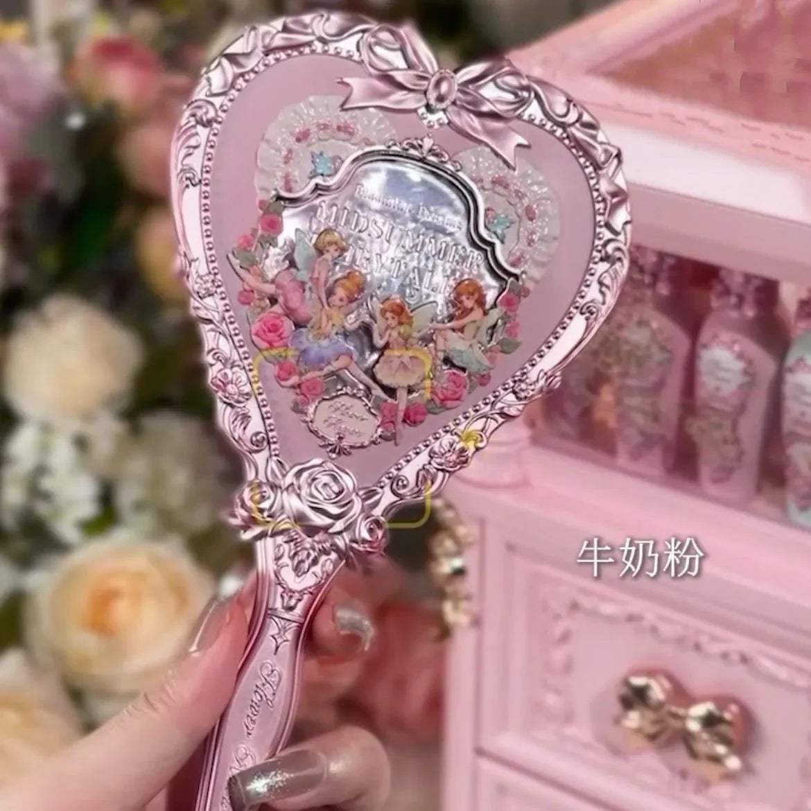 Flower Knows Midsummer Fairytales Collection Hand Mirror Mint Green Exquisite Makeup Milky Pink Mirror