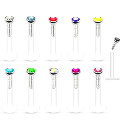 4X 16g Multi Colour Crystal Acrylic Flexible Labret Monroe Lip Stud Lip Push In 6mm - 12mm Bar Ear Tragus Body Piercing