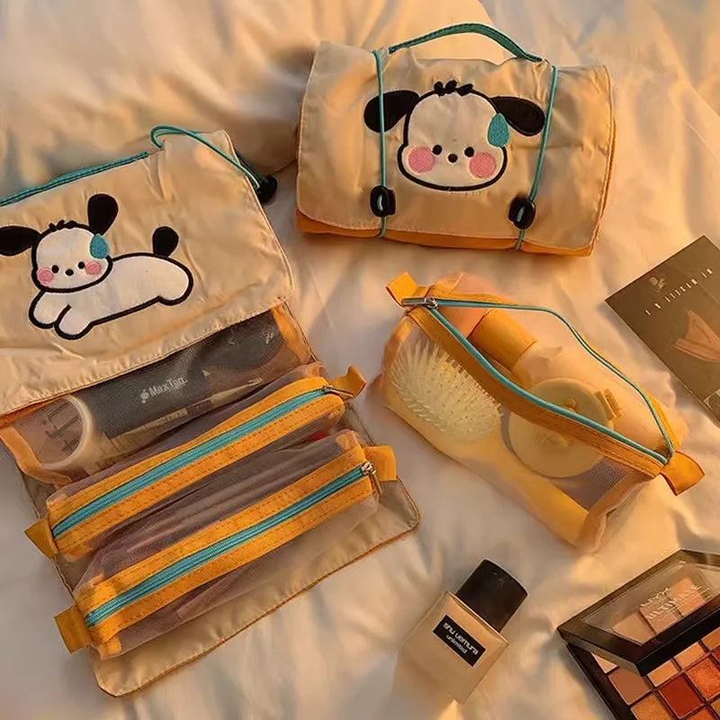 Foldable Cartoon Dog Cosmetic Bag Drawstring Portable Detachable Storage Bag Mesh Four-in-One Travel Toiletry Bag Travel