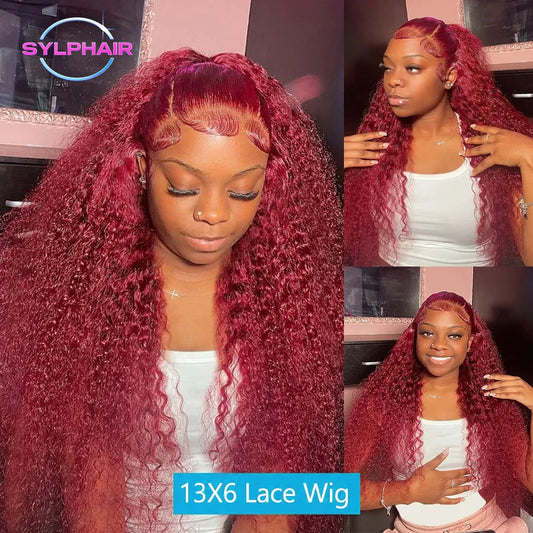 Burgundy 13x6 Hd Lace Frontal Human Hair Wig 30 Inch Deep Wave Curly Human Hair Wigs Water Wave Colored 99j Red Lace Front Wig