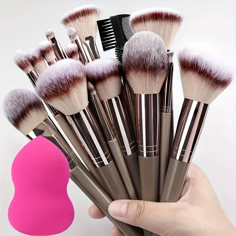 15-Piece Premium Makeup Brush Set with Blending Sponge - Ultra Soft Synthetic Hair, Complete Cosmetic Kit, Ideal Gift & Travel