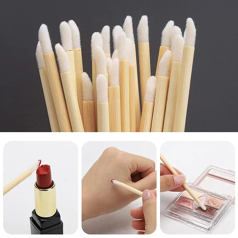 100pcs Disposable Bamboo Handle Lip Brushes Lipstick Lip Gloss Wands Applicator Makeup Tool
