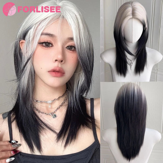 FORLISEE 20 Inch Black And White Mullet Head Wig Synthetic Straight Fluffy Natural Wolf Tail Hair for Daily Use Party Cosplay