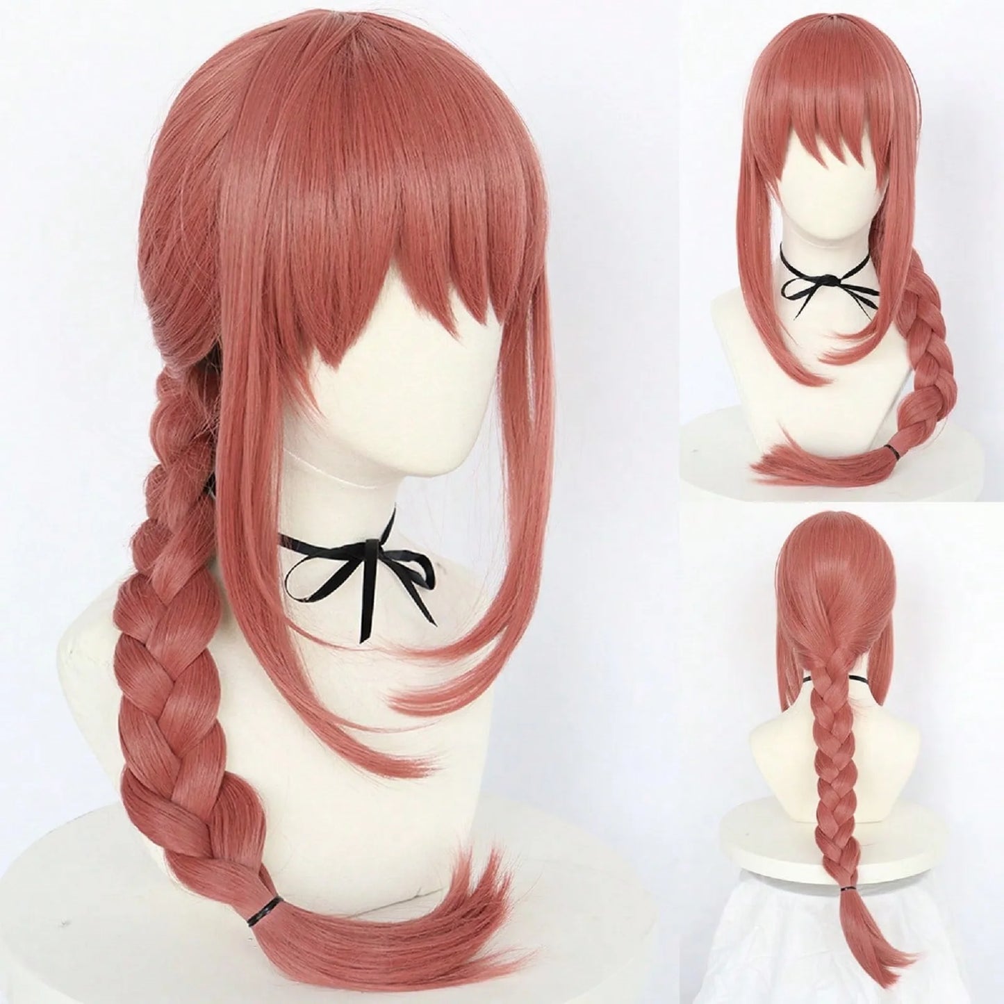 Chainsaw Man Synthetic Long Pink Red Braid Anime Bang Braided Makima Cosplay Wig for Halloween Christmas School Thanksgiving Day