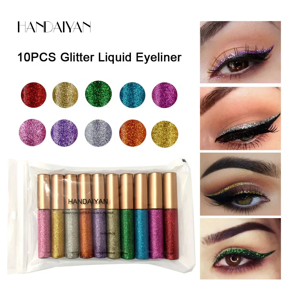 10pcs Liquid Glitter Eyeliner Set Metallic Shimmer Eye Liner Pen Long Lasting Sparkling Eyeshadow Tint Eyes Decoration Makeup