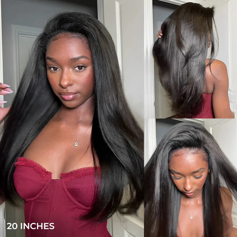 VSHOW Invisible Hairline 3 IN 1 Half Wig Yaki Kinky Straight Flip Over Elastic Drawstring Glueless Human Hair Wig For Beginner