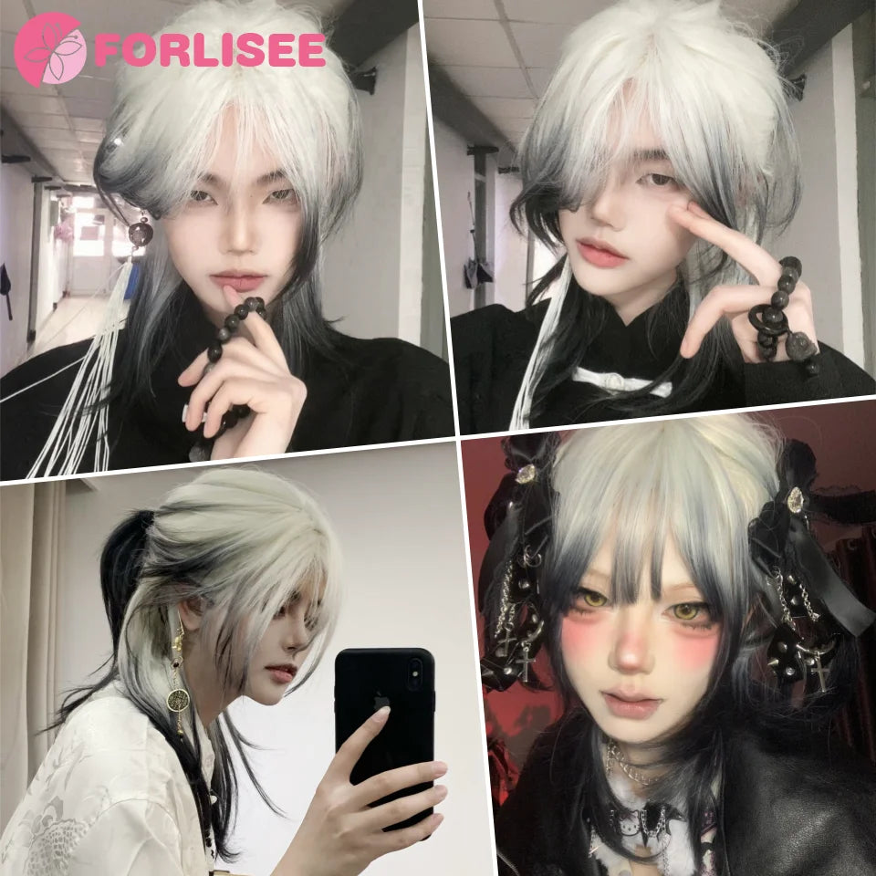 FORLISEE 20 Inch Black And White Mullet Head Wig Synthetic Straight Fluffy Natural Wolf Tail Hair for Daily Use Party Cosplay