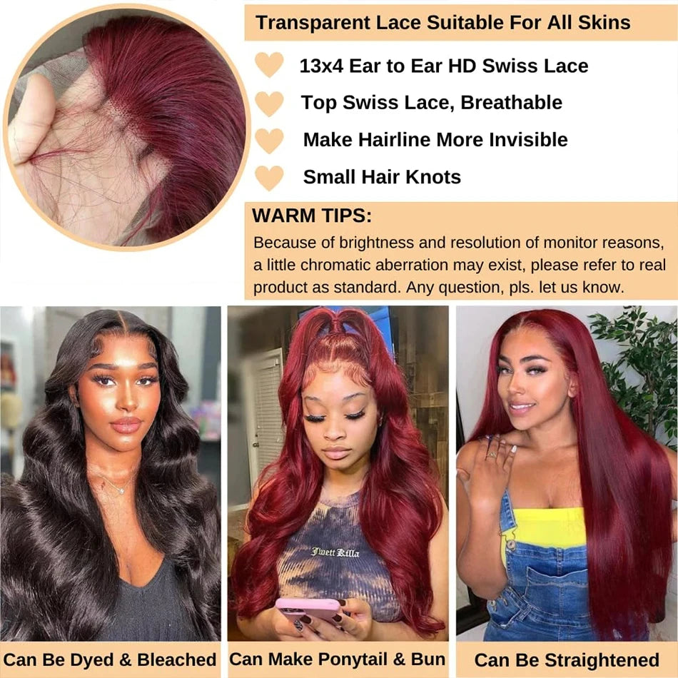 99j Burgundy 13x6 Hd Lace Frontal Human Hair Wigs Transparent Colored Body Wave Red Lace Front Wig 4x4 5x5 Closure Wig For Women