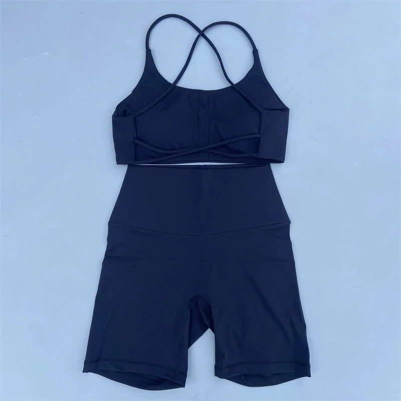Solid Color Soft Gym Yoga Set Short Legging +Cross Back Sport Bra Tracksuit Women Gym Suit Comprehensive Training Jog Athletic