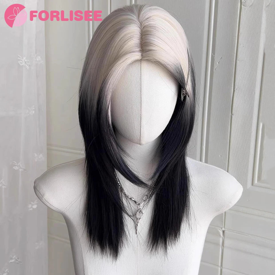 FORLISEE 20 Inch Black And White Mullet Head Wig Synthetic Straight Fluffy Natural Wolf Tail Hair for Daily Use Party Cosplay