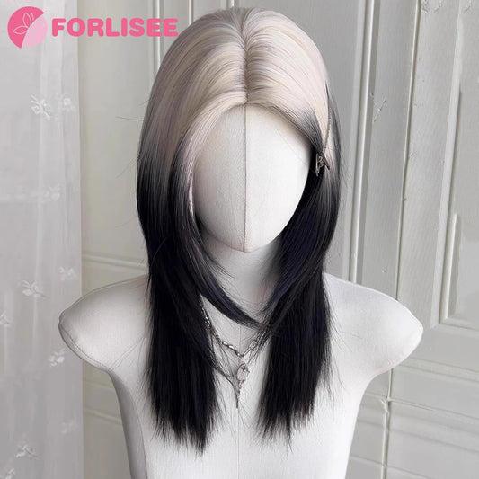 FORLISEE 20 Inch Black And White Mullet Head Wig Synthetic Straight Fluffy Natural Wolf Tail Hair for Daily Use Party Cosplay