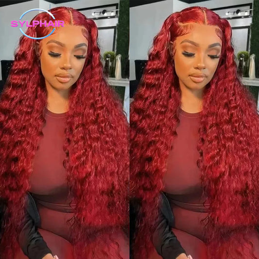 Burgundy 13x6 Hd Lace Frontal Human Hair Wig 30 Inch Deep Wave Curly Human Hair Wigs Water Wave Colored 99j Red Lace Front Wig