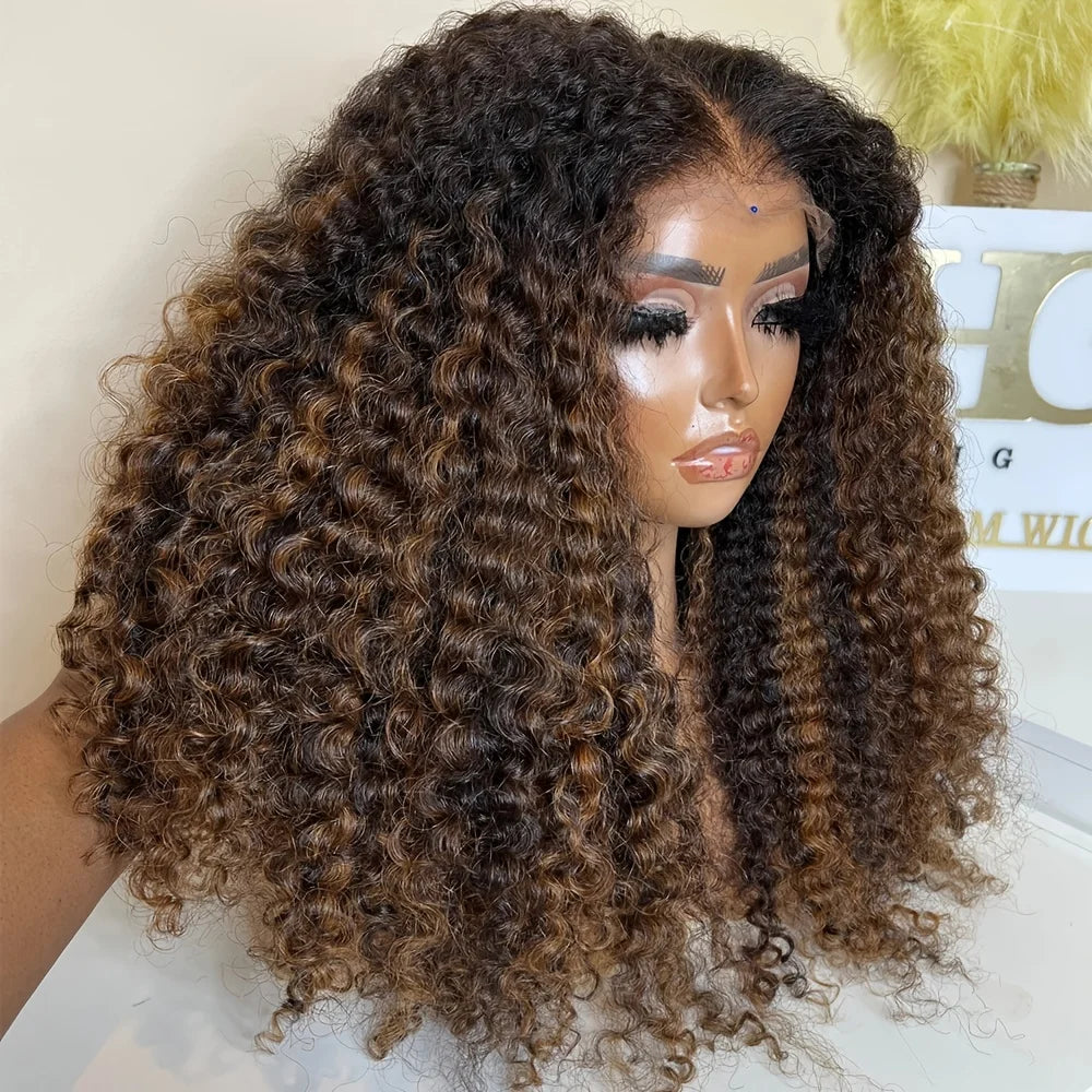 26Inch Soft Preplucked  Highlight Brown180Density kinky Curly Lace Front Wig Synthetic Baby Hair Glueless Daily Wear Wig