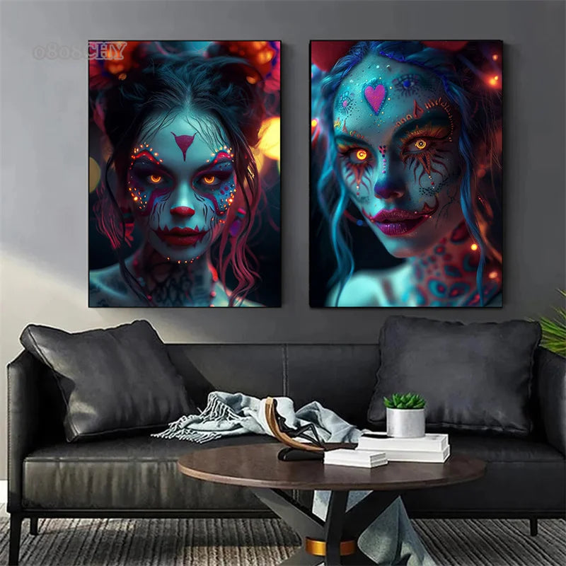 Cyber Mask Cool Girl Canvas Posters and Prints Halloween Makeup Girl Pictures Canvas Paintings for Home Bedroom Decor No Frame