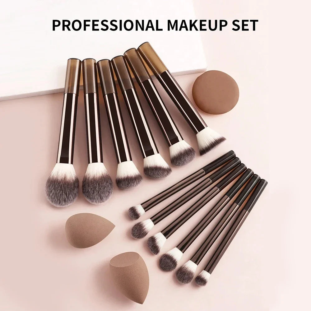 12pcs Professional Makeup Brush Set Incl. Eyeshadow, Powder, Blush Brushes, 2pcs Makeup Sponges, 1pc Powder Puff, Complete Trave