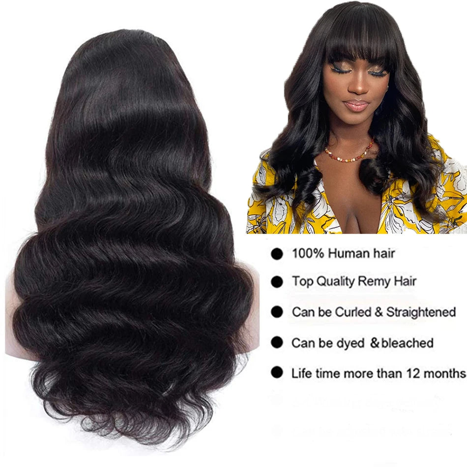 FUGANGXIU 12A body wave wig with bangs 100% women's human hair wig without glue fully machine-made wig with bangs body wave wig