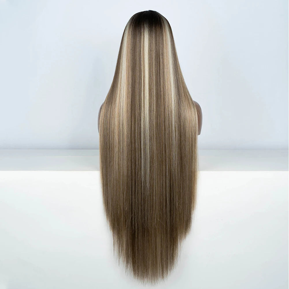 Synthetic Lace Front Wigs Highlight Brwon Blonde Black Wig For Women Long Straight  Lace WIg 38Inch Synthetic Heat Resistant Wig