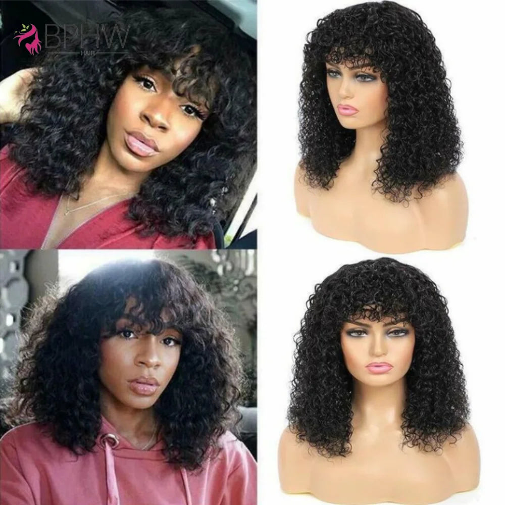 Water Wave Wig With Bangs Brazilian Human Hair For Women 180% Density Full Machine Made Deep Wave Curly Water Wigs BPHW Hair