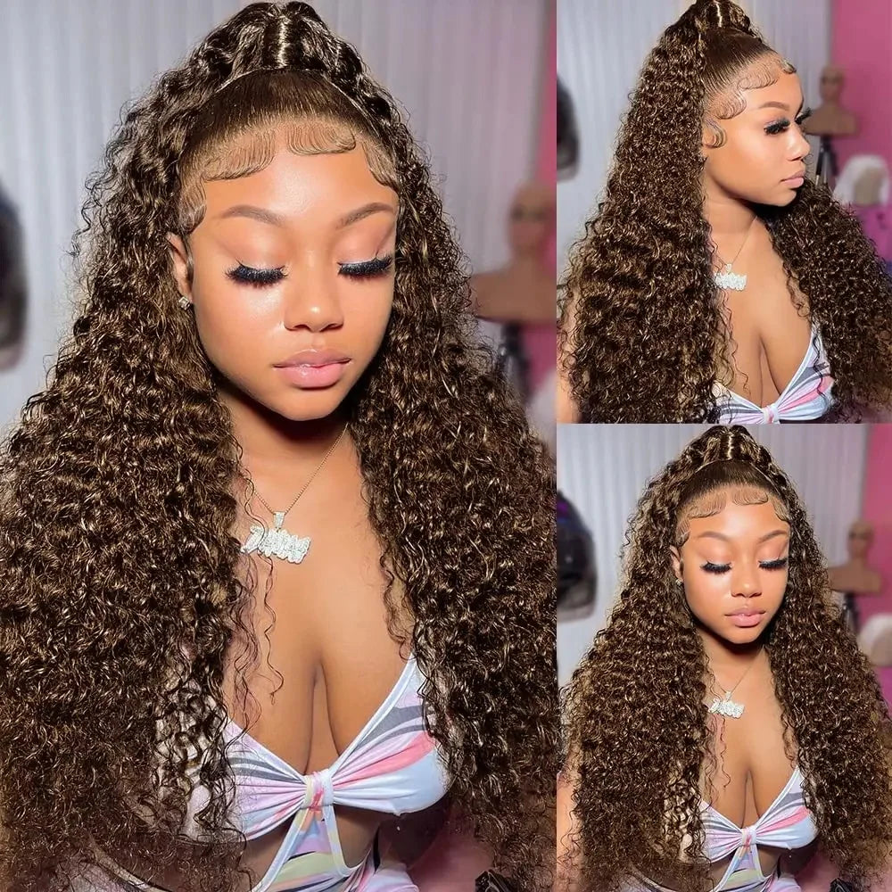 13x4 Brown Curly Lace Front Human Hair Wig HD Transparent Deep Wave 13x6 Lace Frontal Wig Glueless Human Hair Wigs Pre Plucked