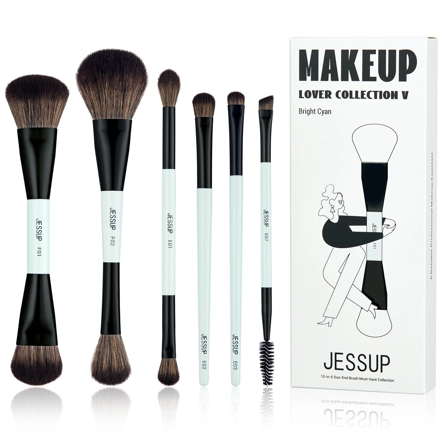 Jessup Makeup Brush Set Double Sided Makeup Brushes Foundation Contour Blush Blending Eyebrow Shadow,Fiber Bright Cyan T501