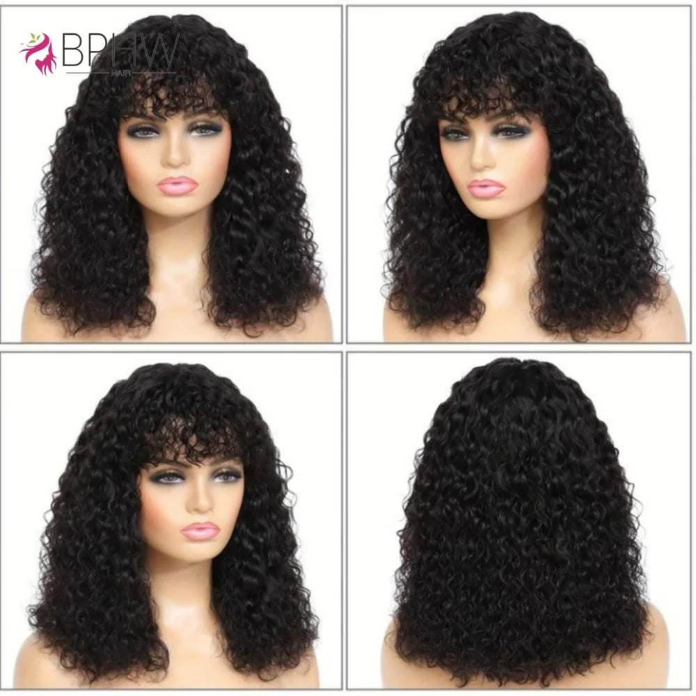Water Wave Wig With Bangs Brazilian Human Hair For Women 180% Density Full Machine Made Deep Wave Curly Water Wigs BPHW Hair