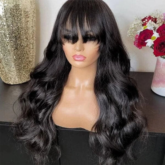 FUGANGXIU 12A body wave wig with bangs 100% women's human hair wig without glue fully machine-made wig with bangs body wave wig