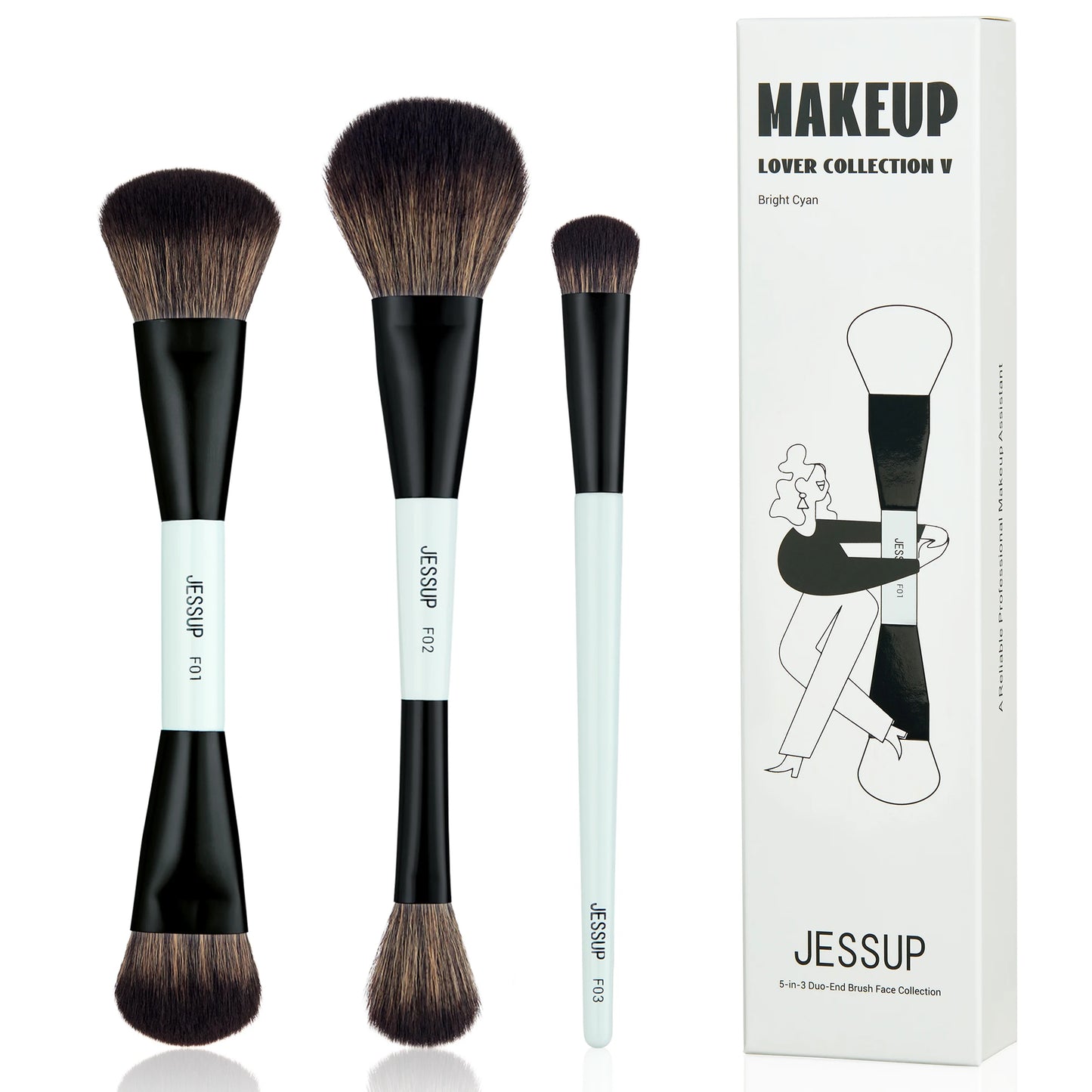 Jessup Makeup Brush Set Double Sided Makeup Brushes Foundation Contour Blush Blending Eyebrow Shadow,Fiber Bright Cyan T501