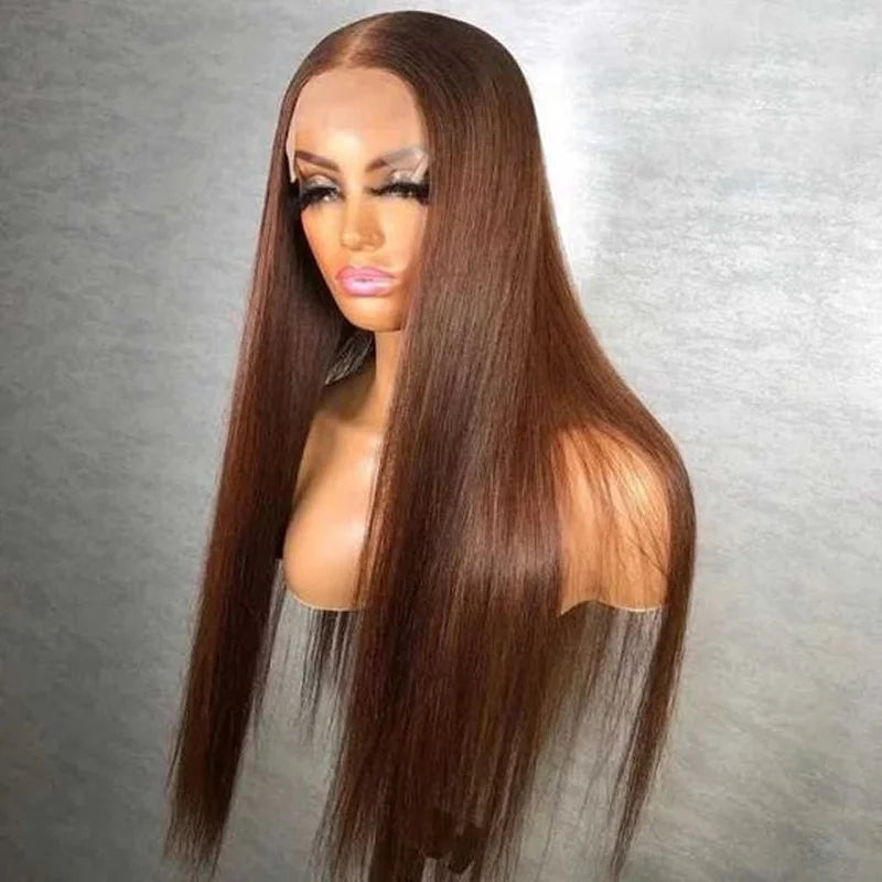 Brown Soft Preplucked Soft 26“Long Straight 180Density Lace Front Wig Synthetic For Women Heat Resistant Glueless
