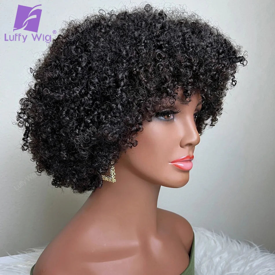 Short Pixie Cut Human Hair Wig With Bangs Brazilian Remy Afro Kinky Curly Bob Wig 180 Density Glueless For Black Women LuffY