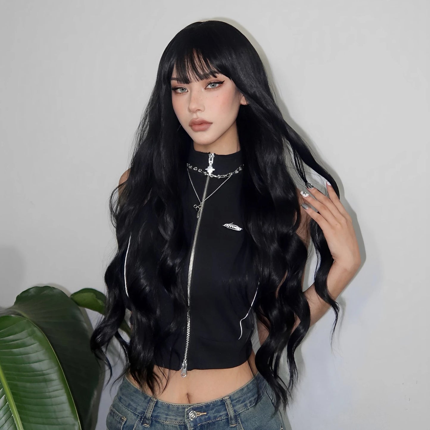 Nastural Black Synthetic Wigs Long Water Wave Wigs with Bangs Cosplay Daily Hair Wig for Women Wigs Heat Resistant Fiber