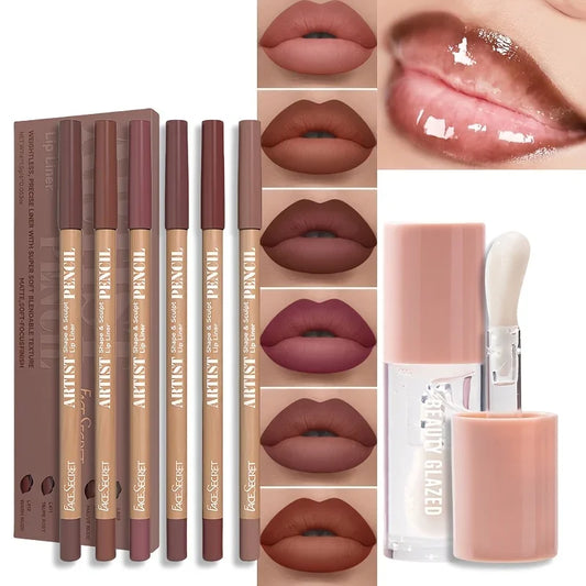 7Pcs Lip Set Velvet Matte Waterproof Lip Liner + Lip Oil Set Long-lasting Matte Lip Pencil Lip Liner Makeup Set