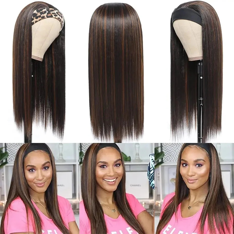 26-Inch Long Straight Headband Wig for Women Light Brown Highlight Glueless Charming Synthetic Hair