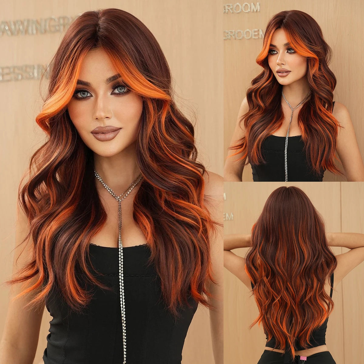 NAMM Highlight Skunk Red Wig Body Wave Synthetic Black Wig for Women Daily Party Use Highlight Red Wavy Wigs with Fluffy Bangs
