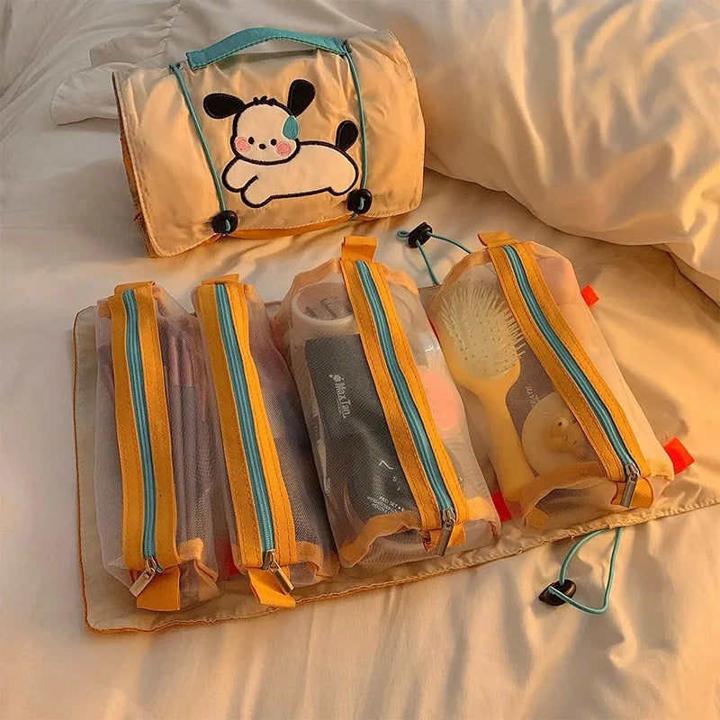 Foldable Cartoon Dog Cosmetic Bag Drawstring Portable Detachable Storage Bag Mesh Four-in-One Travel Toiletry Bag Travel