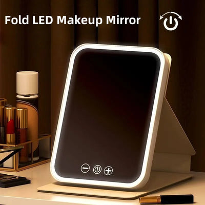 Fold LED Dimmable Makeup Mirror 3 Colors Light Adjustable Brightness USB Charging Fold Mirror Tabletop Vanity Mirror for Travel