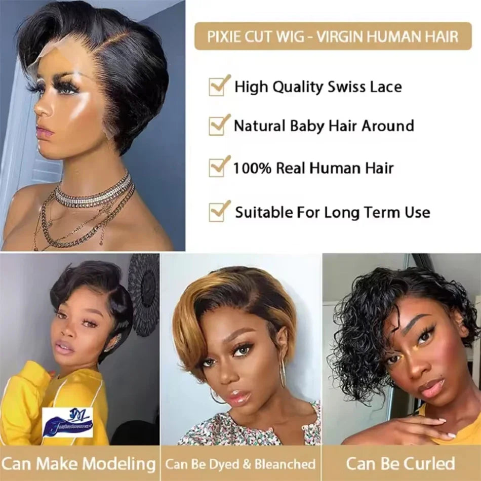 Short Pixie Cut Straight Bob Wig 13x4 Lace Front Human Hair Wigs Pre plucked Pixie Cut Transparent Lace For Women Natural Color