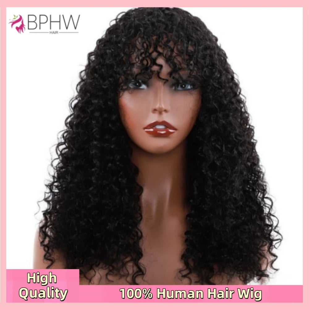 Water Wave Wig With Bangs Brazilian Human Hair For Women 180% Density Full Machine Made Deep Wave Curly Water Wigs BPHW Hair