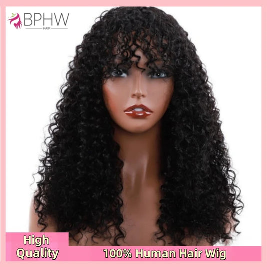 Water Wave Wig With Bangs Brazilian Human Hair For Women 180% Density Full Machine Made Deep Wave Curly Water Wigs BPHW Hair