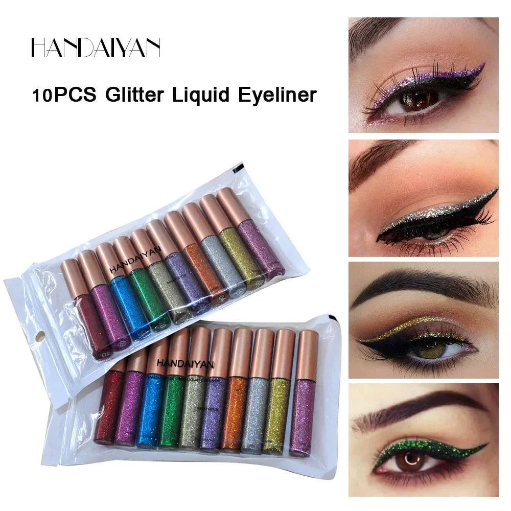 10pcs Liquid Glitter Eyeliner Set Metallic Shimmer Eye Liner Pen Long Lasting Sparkling Eyeshadow Tint Eyes Decoration Makeup