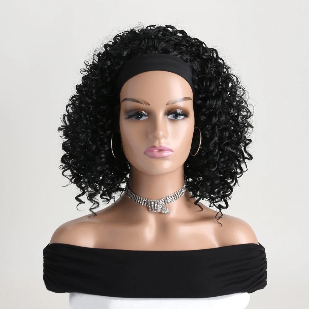 Short Straight Headband Synthetic Natural  Kinky Curly Black  Wigs for Black Women Daily Party Use Heat Resistant Fake Hair ﻿