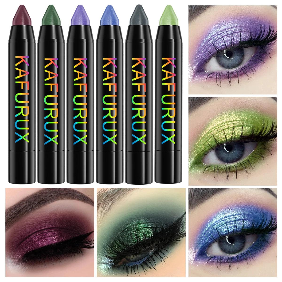 6pc Metallic Purple Green Blue Eyeshadow Pencil Glitter Silkworm Liner Pen Makeup Long Lasting Gold Cream Eye Shadow Stick