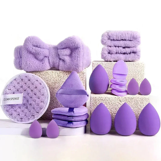 20pcs Purple Makeup Tools Kit Makeup Sponge Finger Puff Air Cushion Headband Wristband Makeup Remover Puff Holiday Gift