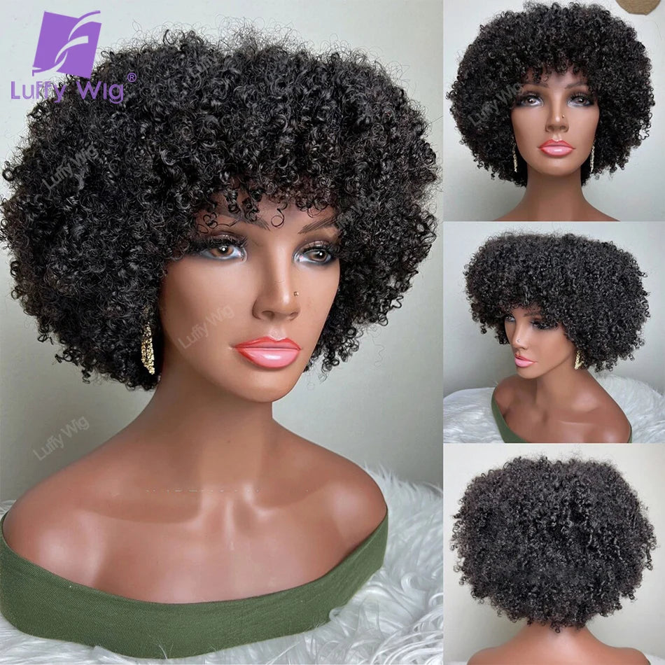 Short Pixie Cut Human Hair Wig With Bangs Brazilian Remy Afro Kinky Curly Bob Wig 180 Density Glueless For Black Women LuffY