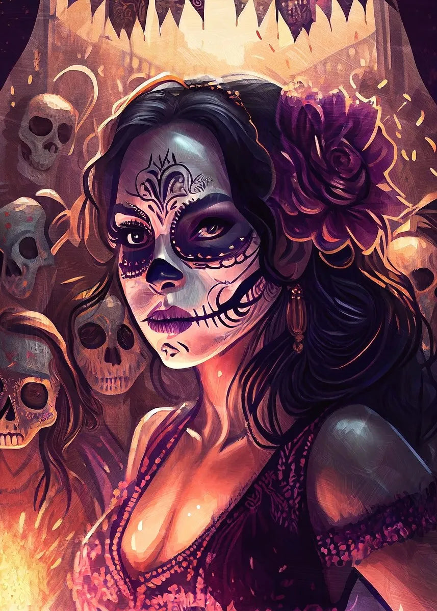 Classic Mexican Day Of The Dead Dance Posters Skeleton Makeup Woman Lit Candle Modern Prints Canvas Wall Picture Home Room Decor
