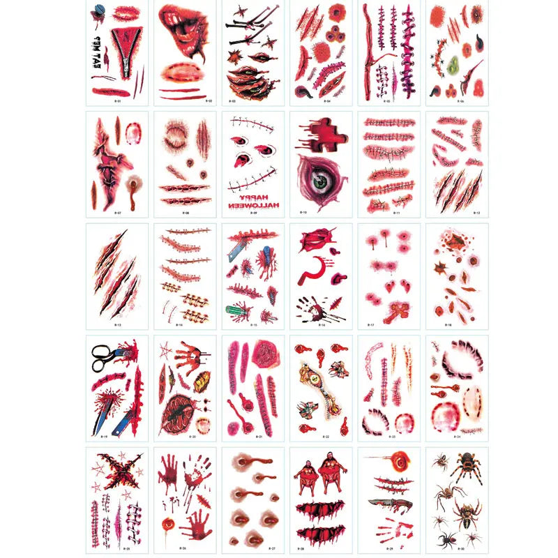 Halloween Lifelike Fake Bloody Wound Tattoo Sticker Scary Make Up Temporary Makeup Stickers Horror Party Decoration 30pcs/Set