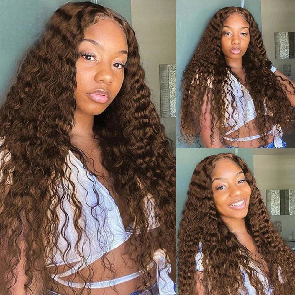 13x4 Brown Curly Lace Front Human Hair Wig HD Transparent Deep Wave 13x6 Lace Frontal Wig Glueless Human Hair Wigs Pre Plucked