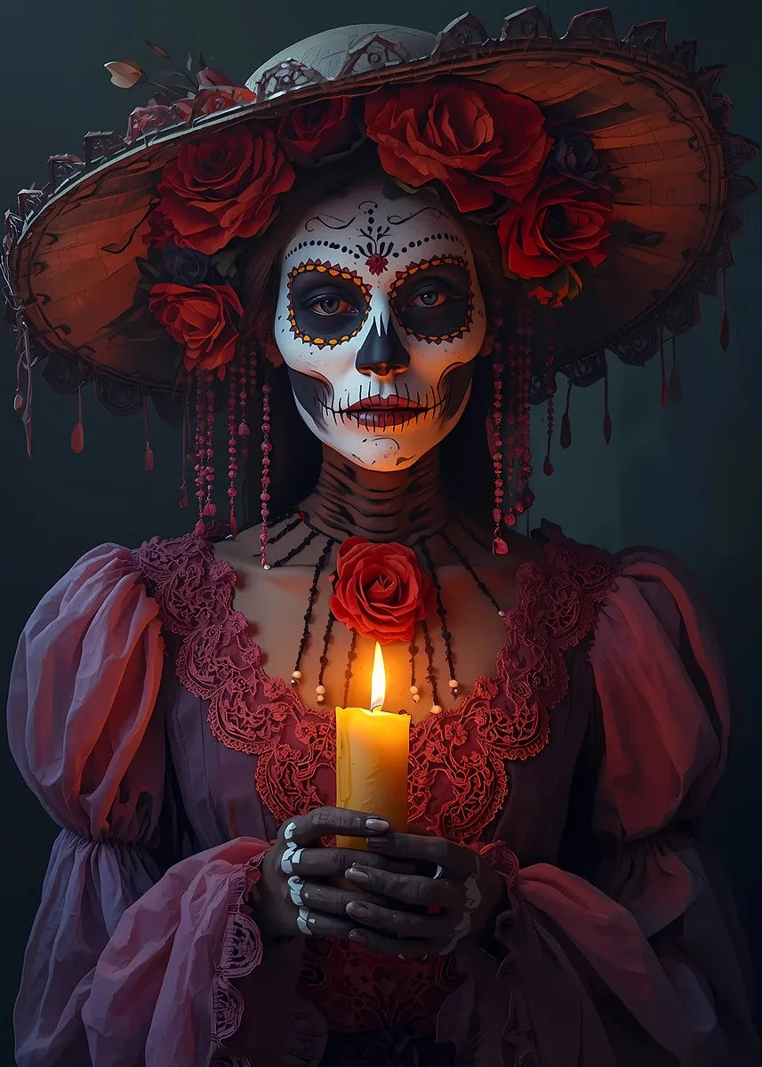 Classic Mexican Day Of The Dead Dance Posters Skeleton Makeup Woman Lit Candle Modern Prints Canvas Wall Picture Home Room Decor