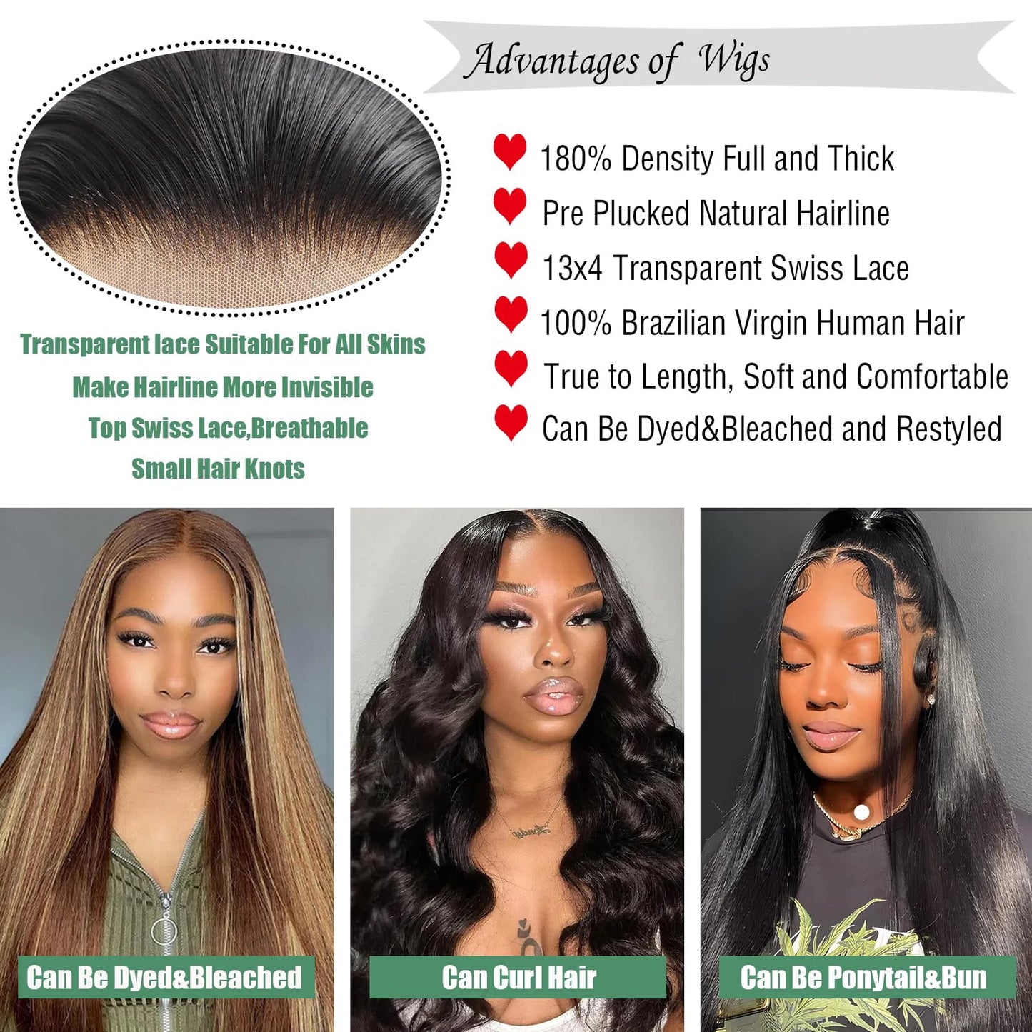 13×4 Straight Lace Front Wigs Human Hair Lace Frontal Wigs 180% Density Brazilian Virgin Human Hair Wigs Pre Plucked With Baby