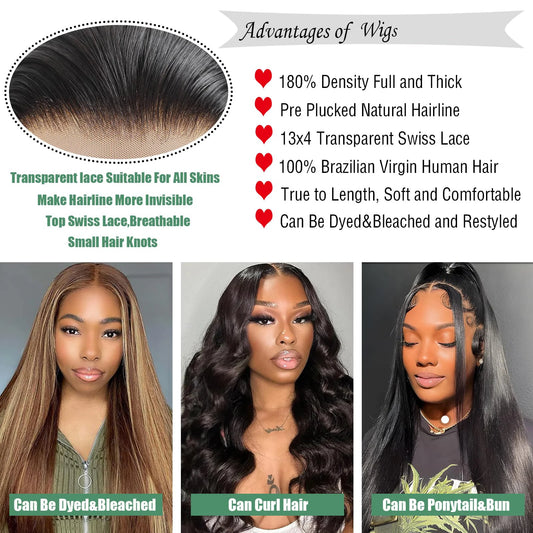 13×4 Straight Lace Front Wigs Human Hair Lace Frontal Wigs 180% Density Brazilian Virgin Human Hair Wigs Pre Plucked With Baby