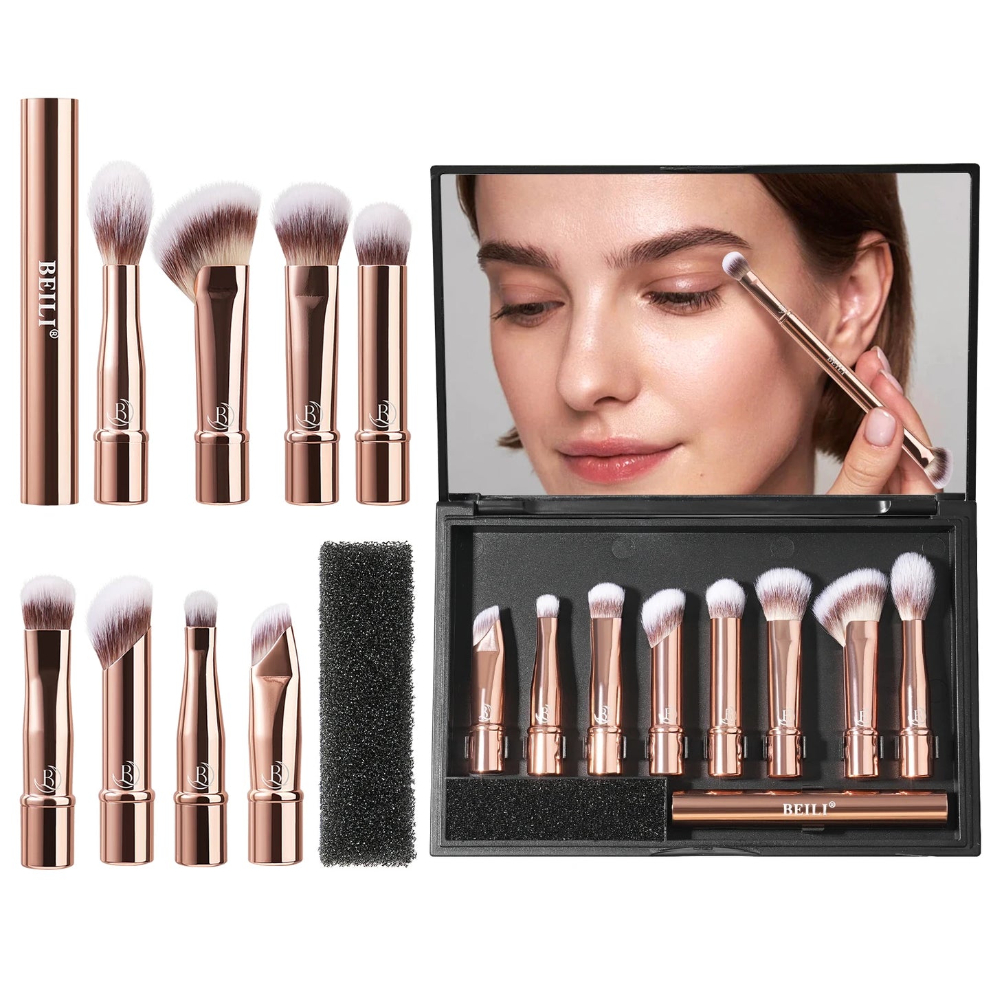 BEILI Portable Makeup Brushes Set For Professional Mini Mirror  Dual  8 Pcs Eyeshadow Contour Angle Brush Travel Cosmetic Tool